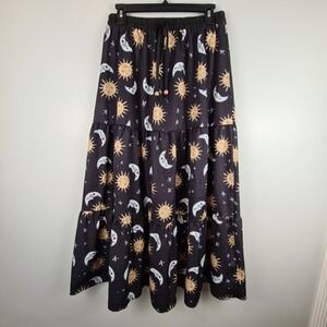 Romwe Layered Maxi Skirt L Sun And Moon Black Boho Hippie Festival Whimsical